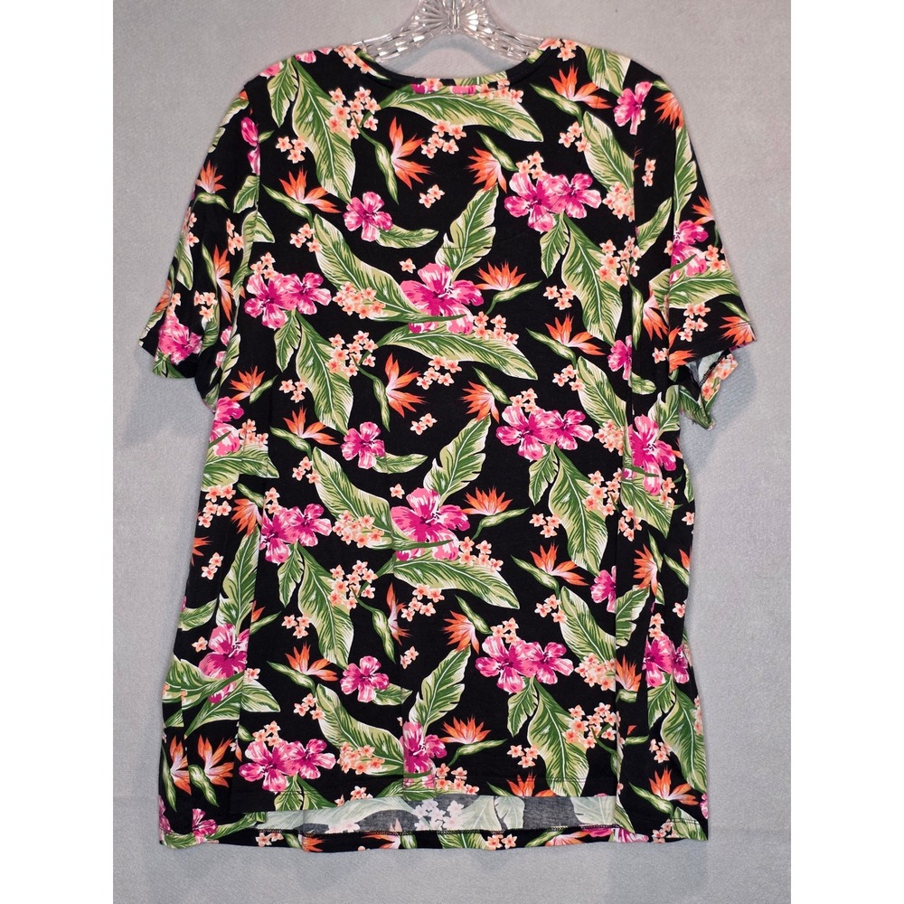 Catherines Tropical Floral Hibiscus Scoop Neck Top Black Pink 0X 14/16W - Picture 8 of 9